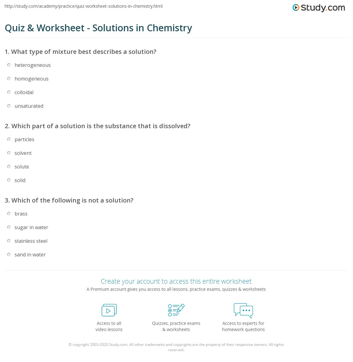 Quiz &  Worksheet - Solutions in Chemistry | Study.com