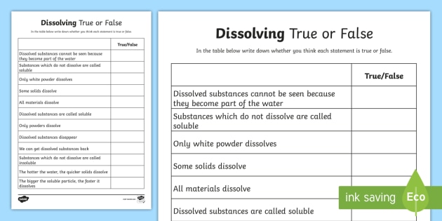 Dissolving True or False Worksheet (teacher made) - Twinkl