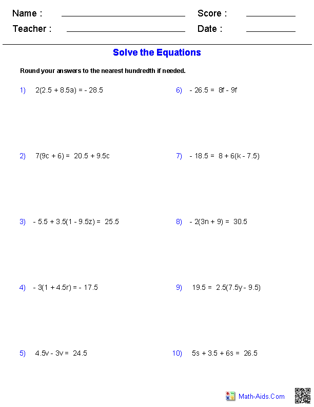 Algebra 1 Worksheets | Equations Worksheets
