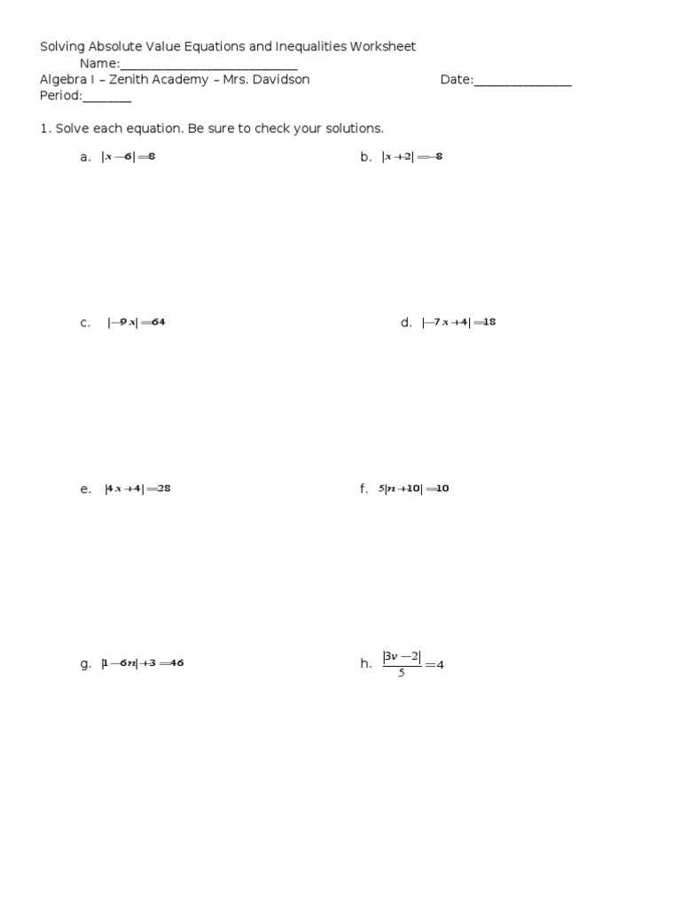 Solving Absolute Value Equations and Inequalities WS | PDF ...