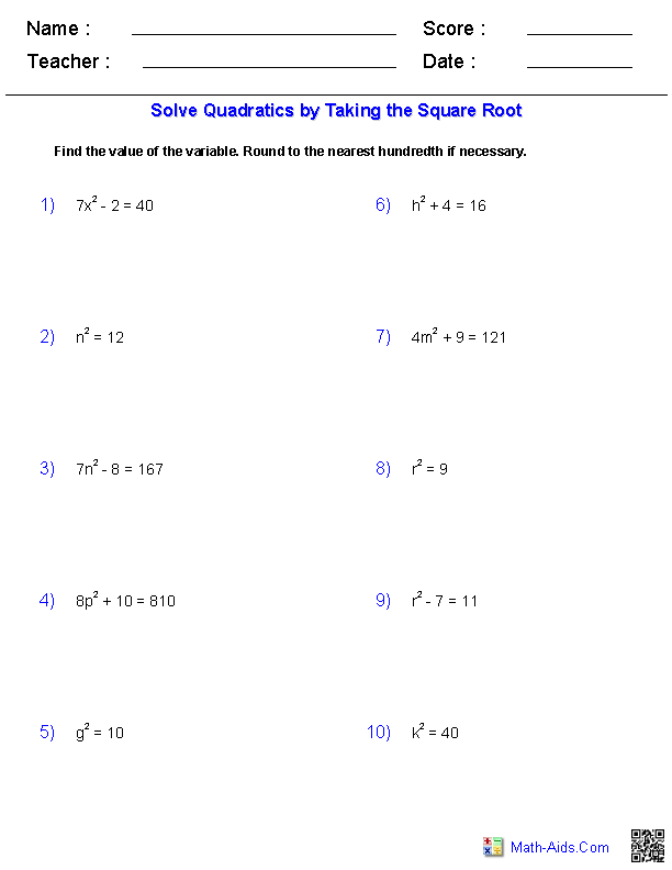 Algebra 2 Worksheets | Quadratic Functions and Inequalities Worksheets