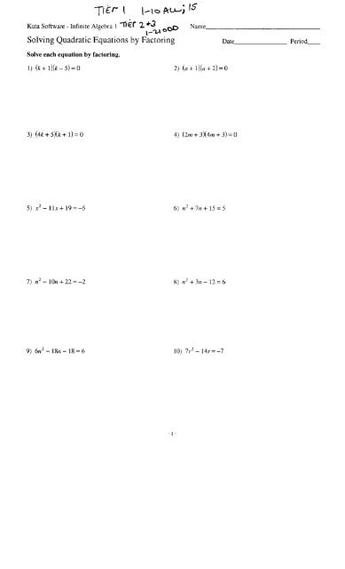 Solving Quadratic Equations By Factoring Worksheet for 9th - 11th ...