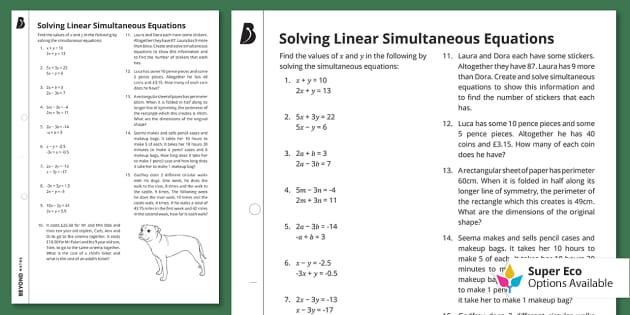 Solving Linear Simultaneous Equations Worksheet | Beyond
