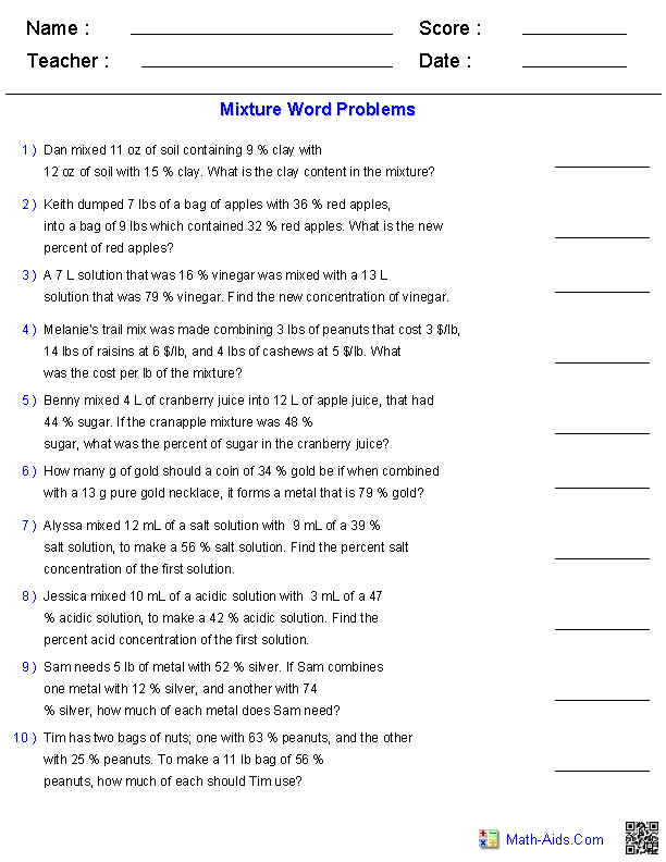 Algebra 1 Worksheets | Word Problems Worksheets
