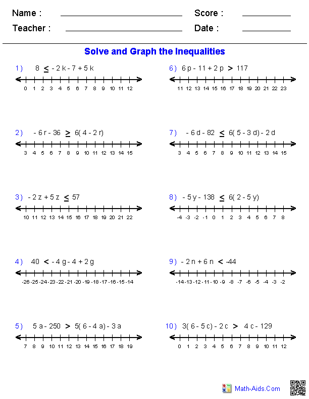 Pre-Algebra Worksheets | Inequalities Worksheets