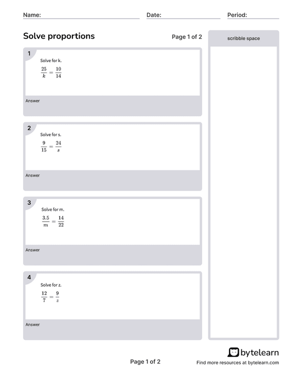 Solve Proportions Worksheets [PDF] (7.RP.A.2.C): 7th Grade Math