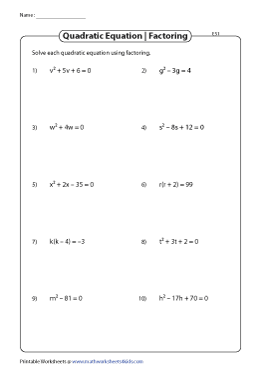 solve quadratic equation by factoring worksheet