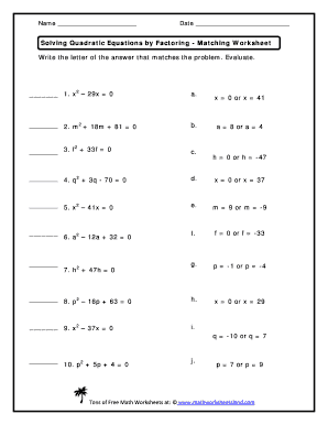 solve quadratic equations by factoring worksheet