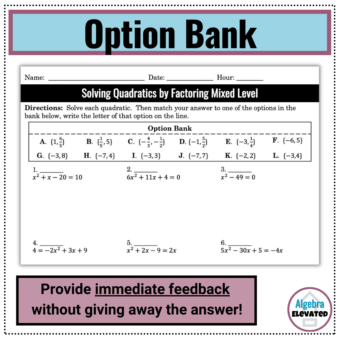 solve quadratic equations by factoring worksheet