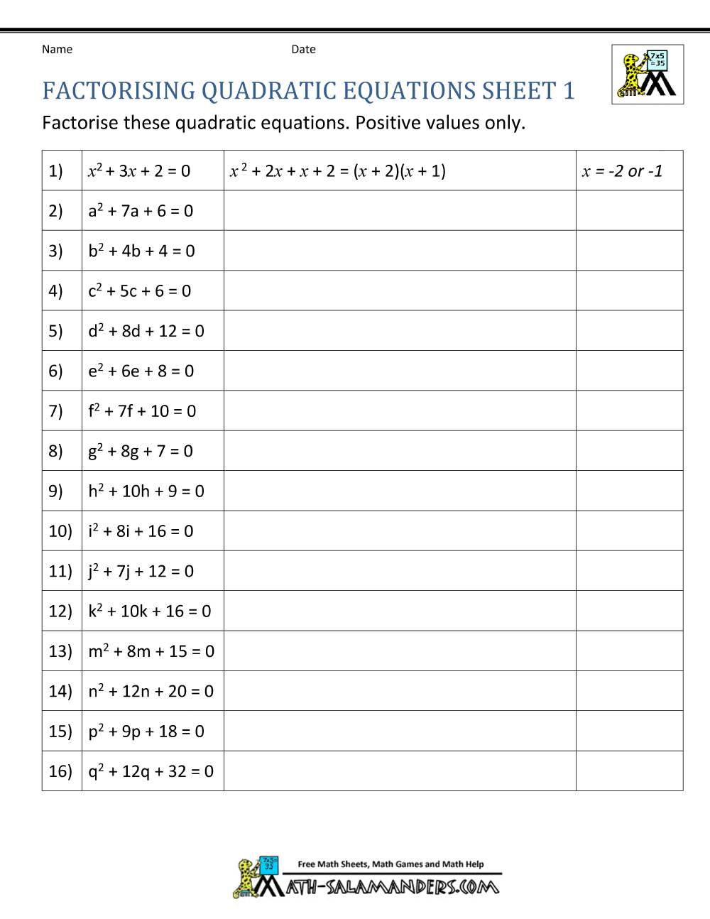Factoring Quadratic Equations Worksheets