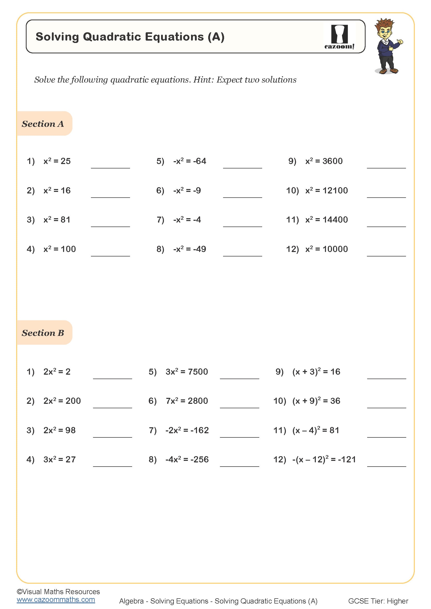 Solving Quadratic Equations (A) Worksheet | Printable Maths Worksheets ...