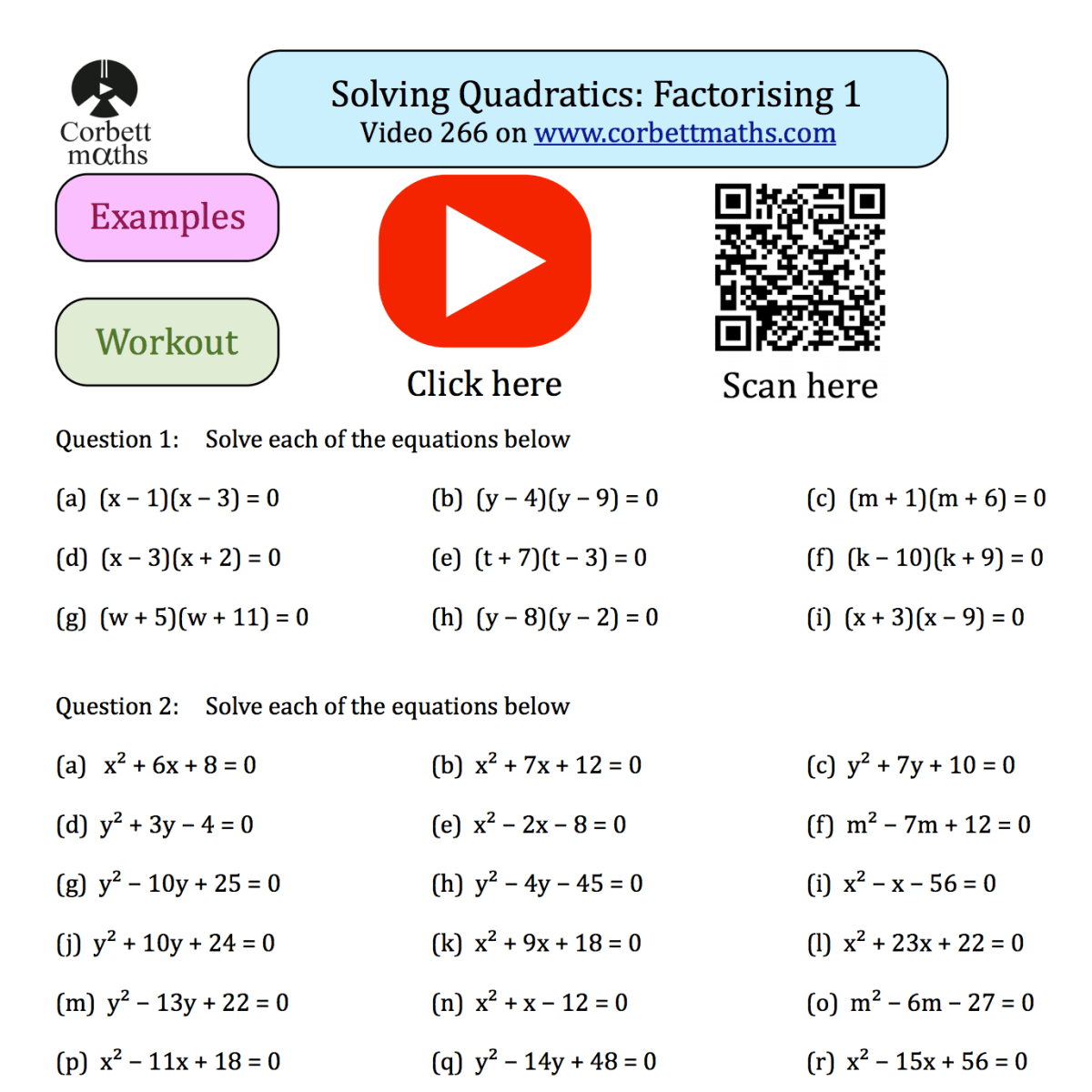 Solving Quadratics Factorising Textbook Exercise Corbettmaths Solving Quadratics Factorising Textbook Exercise Corbettmaths
