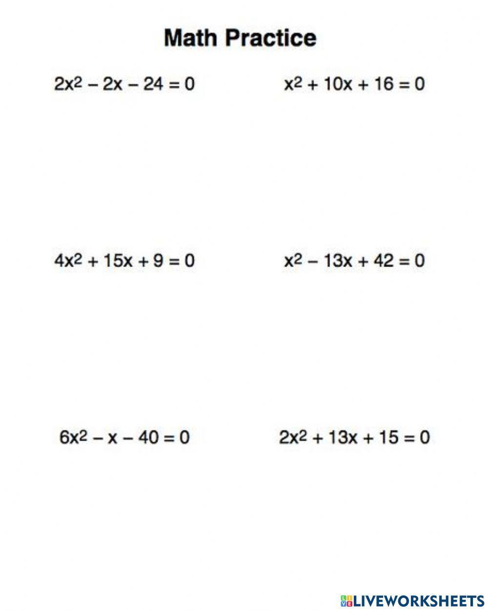 solve quadratics by factoring worksheet