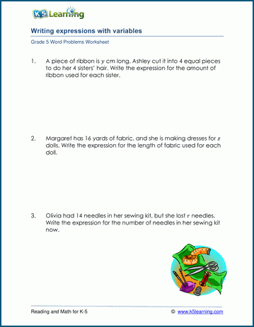 Word problems with variables and expressions | Worsheets library
