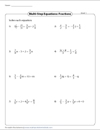 solving algebraic equations with fractions worksheet