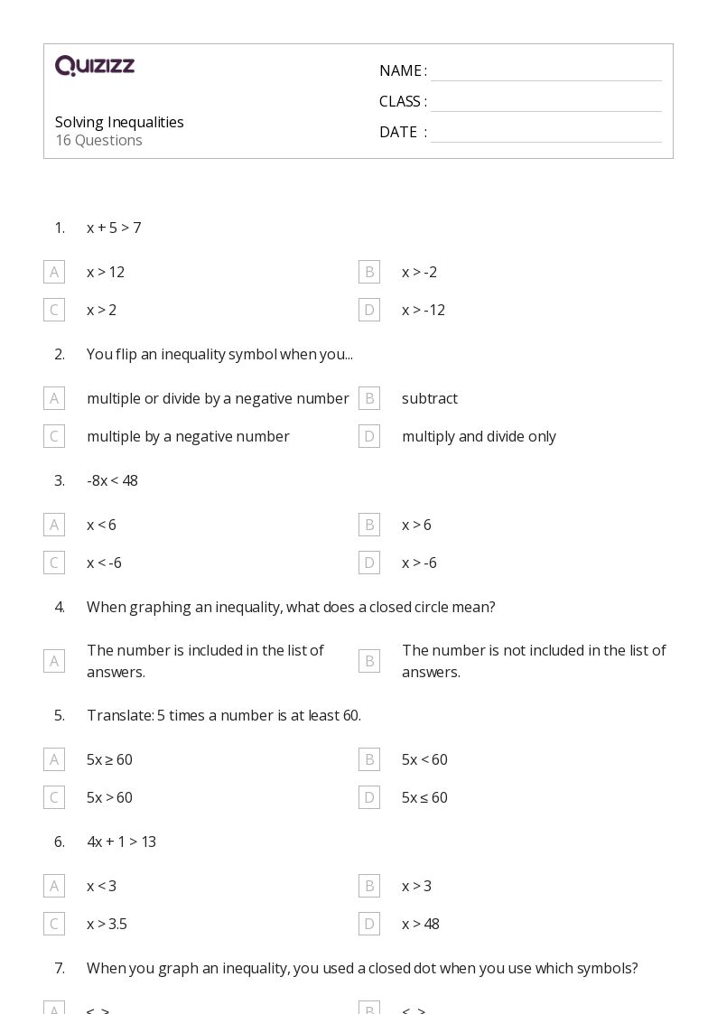 50+ Inequalities worksheets for 8th Class on Quizizz | Free ...