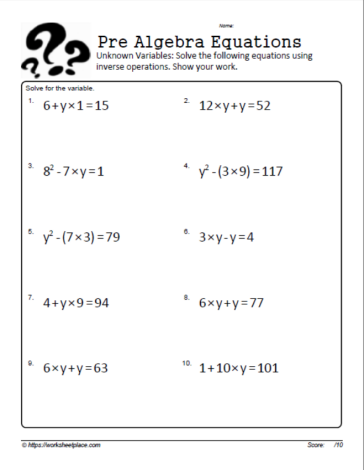 Solving Basic Equations Worksheets