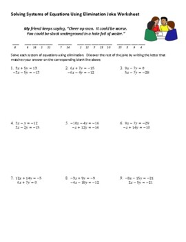Solving Systems of Equations Using Elimination 3 Joke Worksheet | TPT