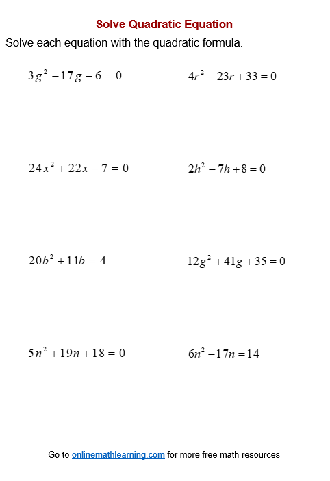 Quadratic Formula Worksheets (printable, online, answers, examples)
