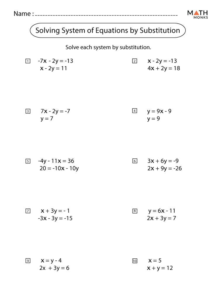 Solving Systems of Equations by Substitution Worksheets - Math Monks