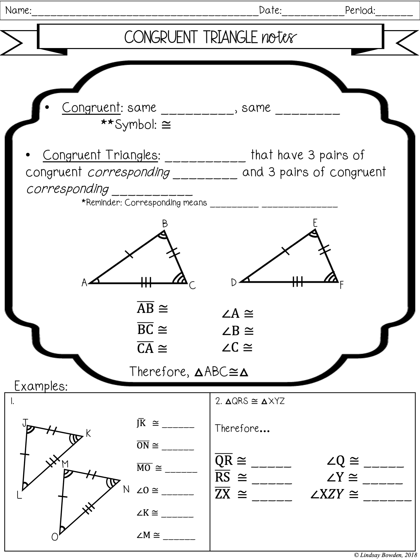 Congruent Triangles Notes and Worksheets - Lindsay Bowden