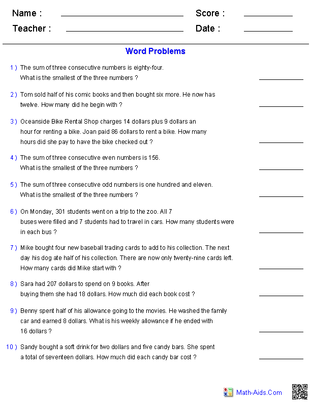 Algebra 1 Worksheets | Word Problems Worksheets