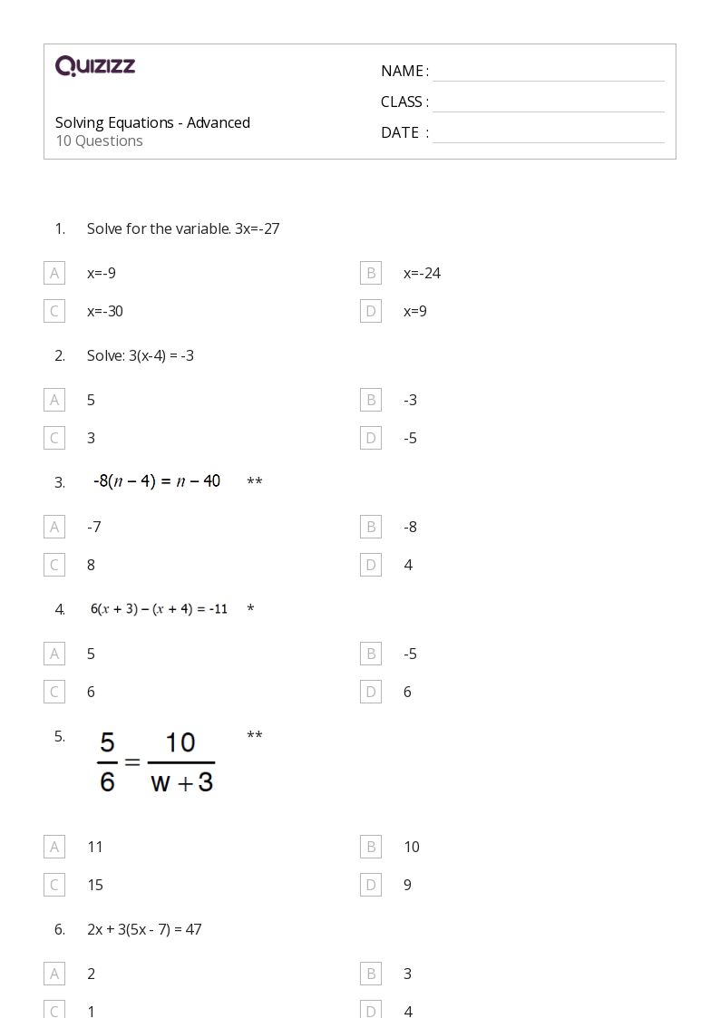 50+ Solving Equations worksheets on Quizizz | Free &  Printable