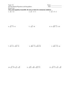 Solving Radical Equations and Inequalities Worksheet for 11th ...