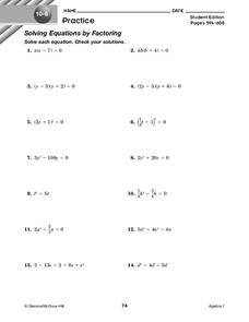 Solving Equations by Factoring Worksheet for 9th Grade | Lesson Planet