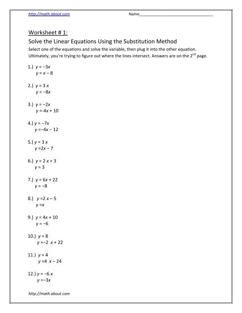 Worksheet # 1: Solve the Linear Equations Using the Substitution ...