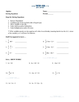 Worksheet: Solving Equations - Variables both Sides - Distributive ...