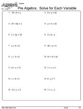 Pre Algebra Worksheets on Isolating Variable