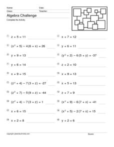Algebra Challenge: One Variable Equations Worksheet for 8th - 10th ...