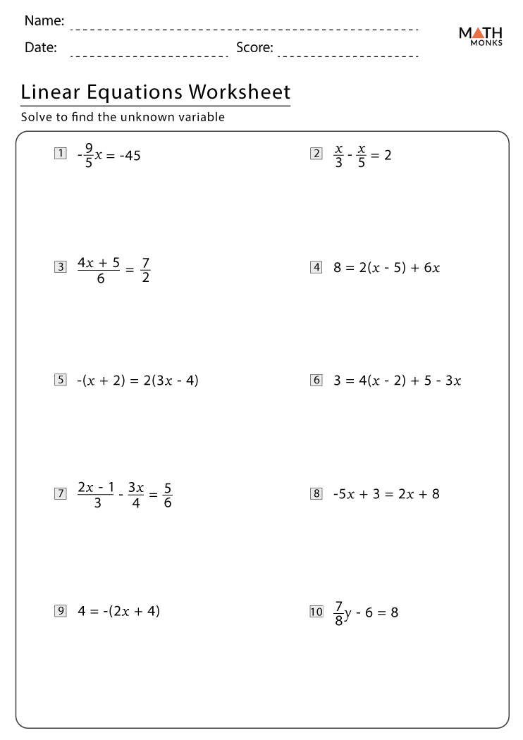 Linear Equations Worksheets with Answer Key