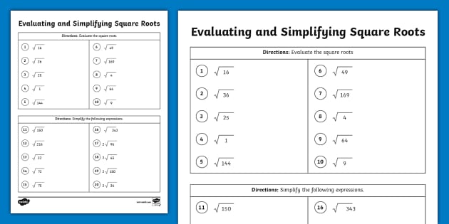 Simplifying Square Roots Worksheet | Twinkl USA - Twinkl
