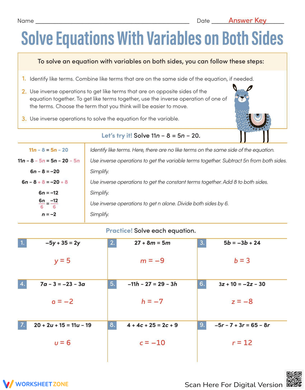 solving equations with variables on both sides worksheet answer key