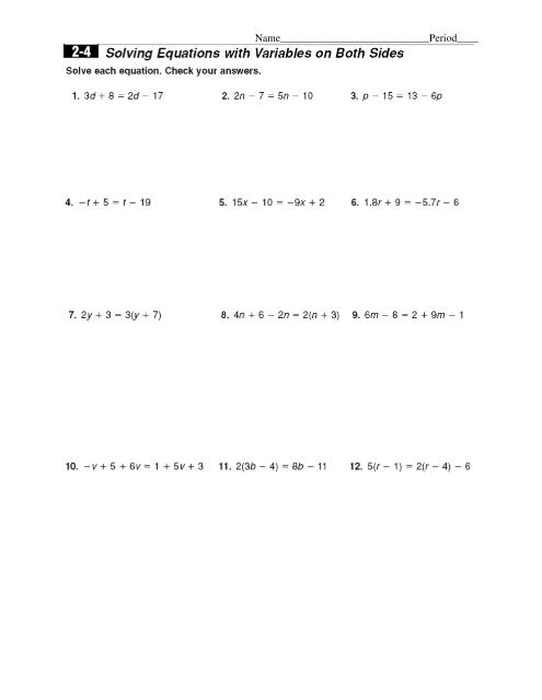solving equations with variables on both sides worksheet answers
