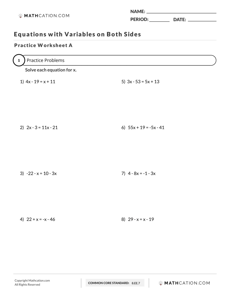 Equations With Variables On Both Sides Worksheet, Practice, And ...