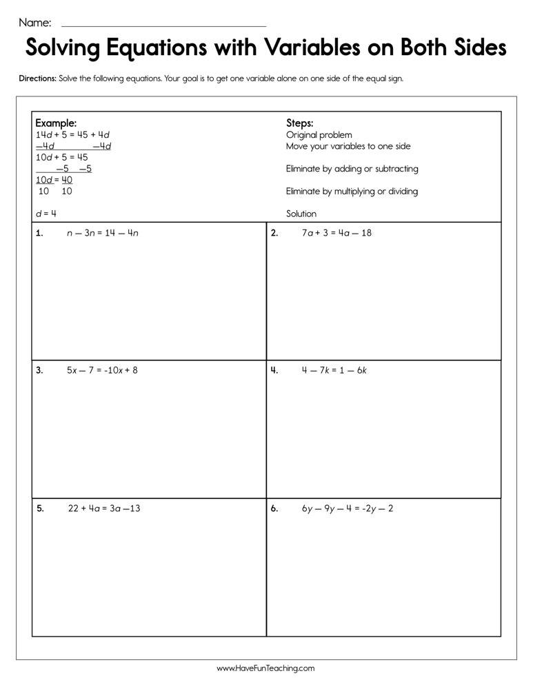 Solving Equations with Variables on Both Sides Worksheet - Have ...