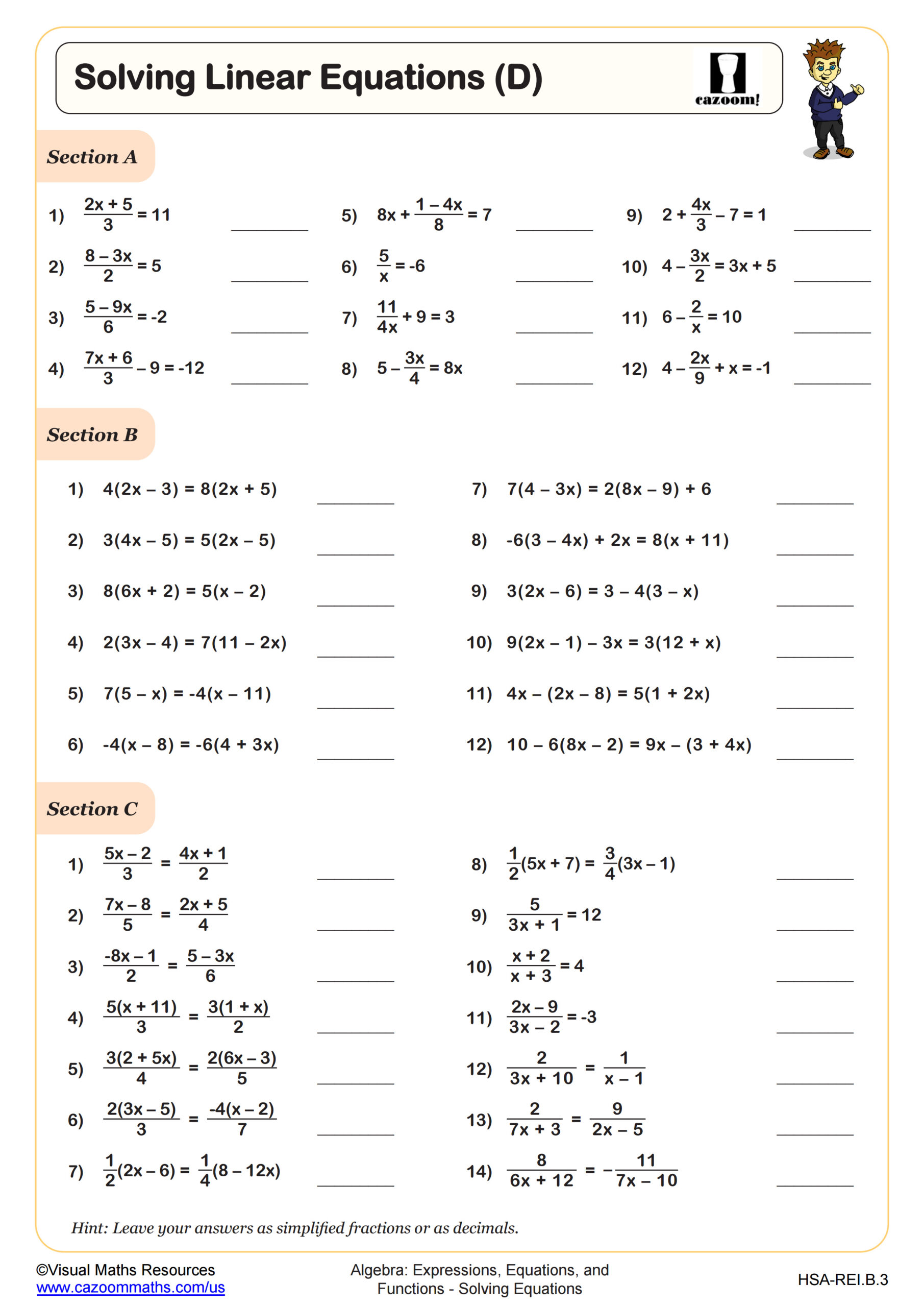 Solving Linear Equations (D) Worksheet | PDF Printable Algebra ...