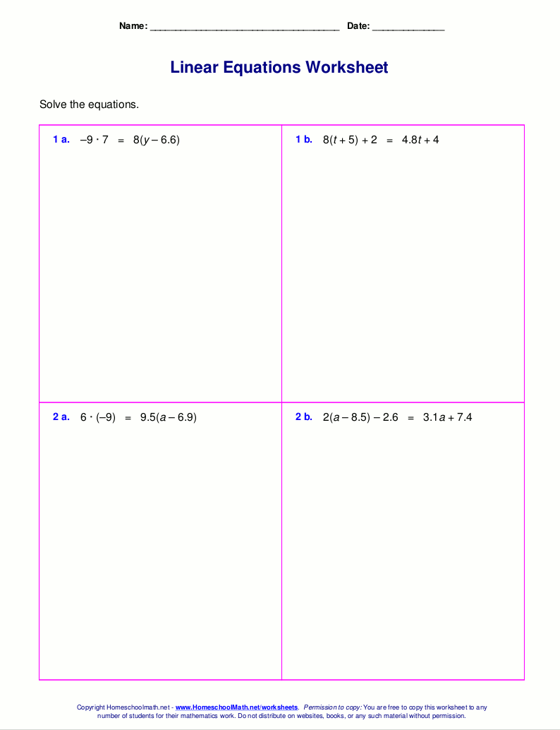 Free worksheets for linear equations (grades 6-9, pre-algebra ...