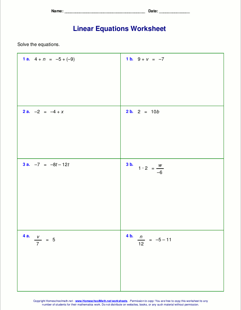 Free worksheets for linear equations (grades 6-9, pre-algebra ...