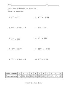 Solving Exponential Equations Worksheet for 9th Grade | Lesson Planet