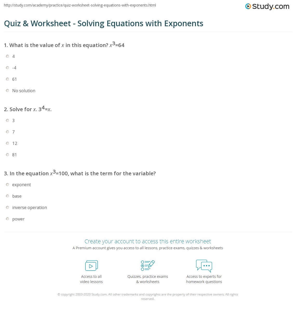 Quiz &  Worksheet - Solving Equations with Exponents | Study.com
