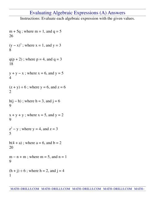 Evaluating Algebraic Expressions (A)
