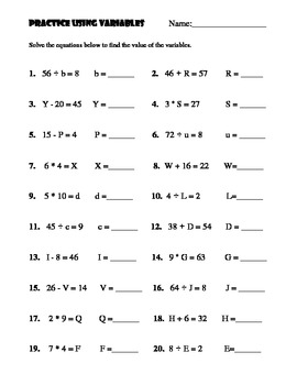Practice Solving for Variables Worksheet by Amber Faircloth worksheets library