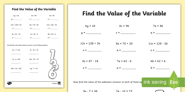 Find the Value of the Variable Worksheet (teacher made)