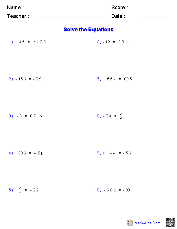 Algebra 1 Worksheets | Equations Worksheets