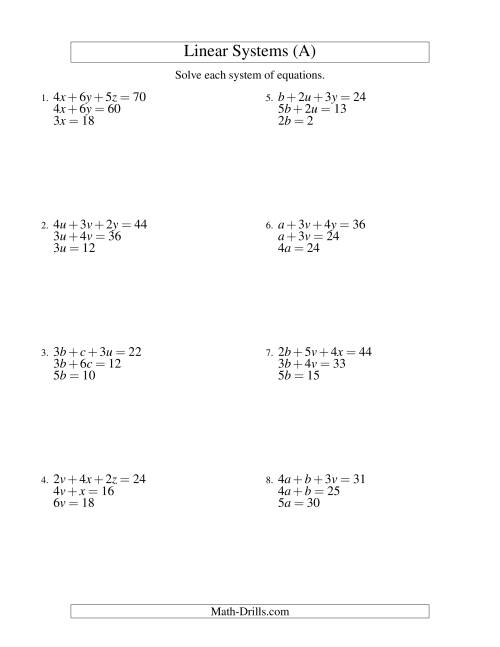 Systems of Linear Equations -- Three Variables -- Easy (A)