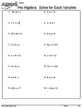 Pre Algebra Worksheets on Isolating Variable